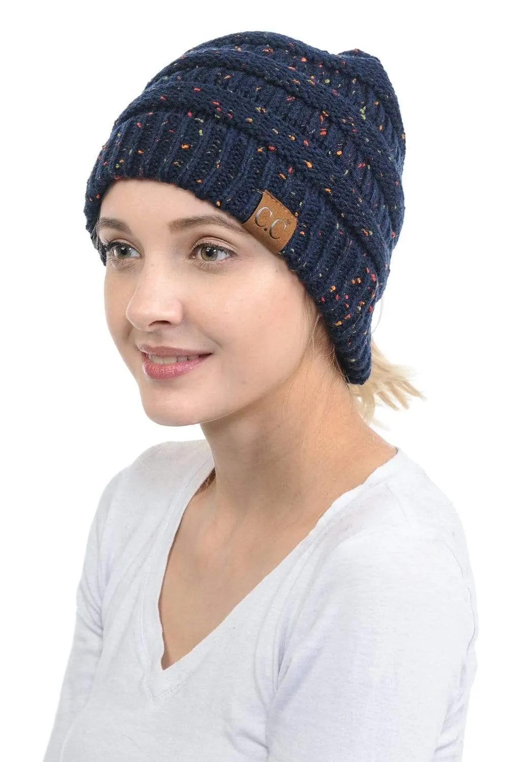 C.C MB33 - Soft Stretch Cable Knit Warm Hat High Bun Ponytail Confetti Beanie