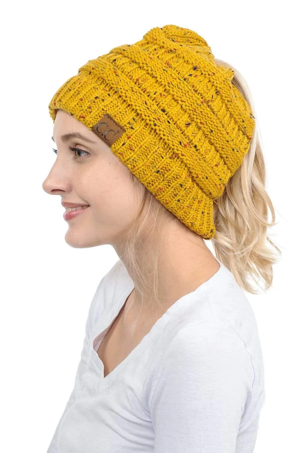 C.C MB33 - Soft Stretch Cable Knit Warm Hat High Bun Ponytail Confetti Beanie