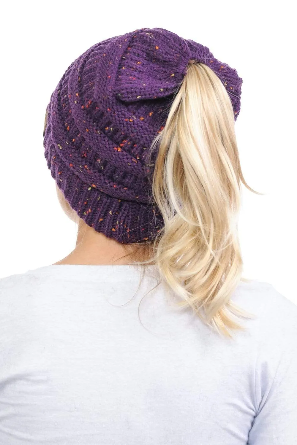 C.C MB33 - Soft Stretch Cable Knit Warm Hat High Bun Ponytail Confetti Beanie