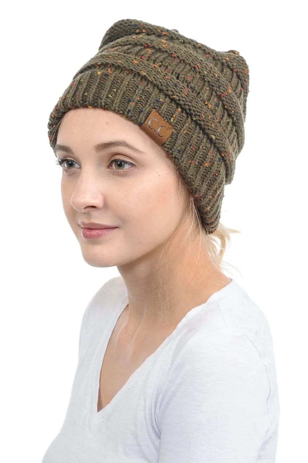 C.C MB33 - Soft Stretch Cable Knit Warm Hat High Bun Ponytail Confetti Beanie