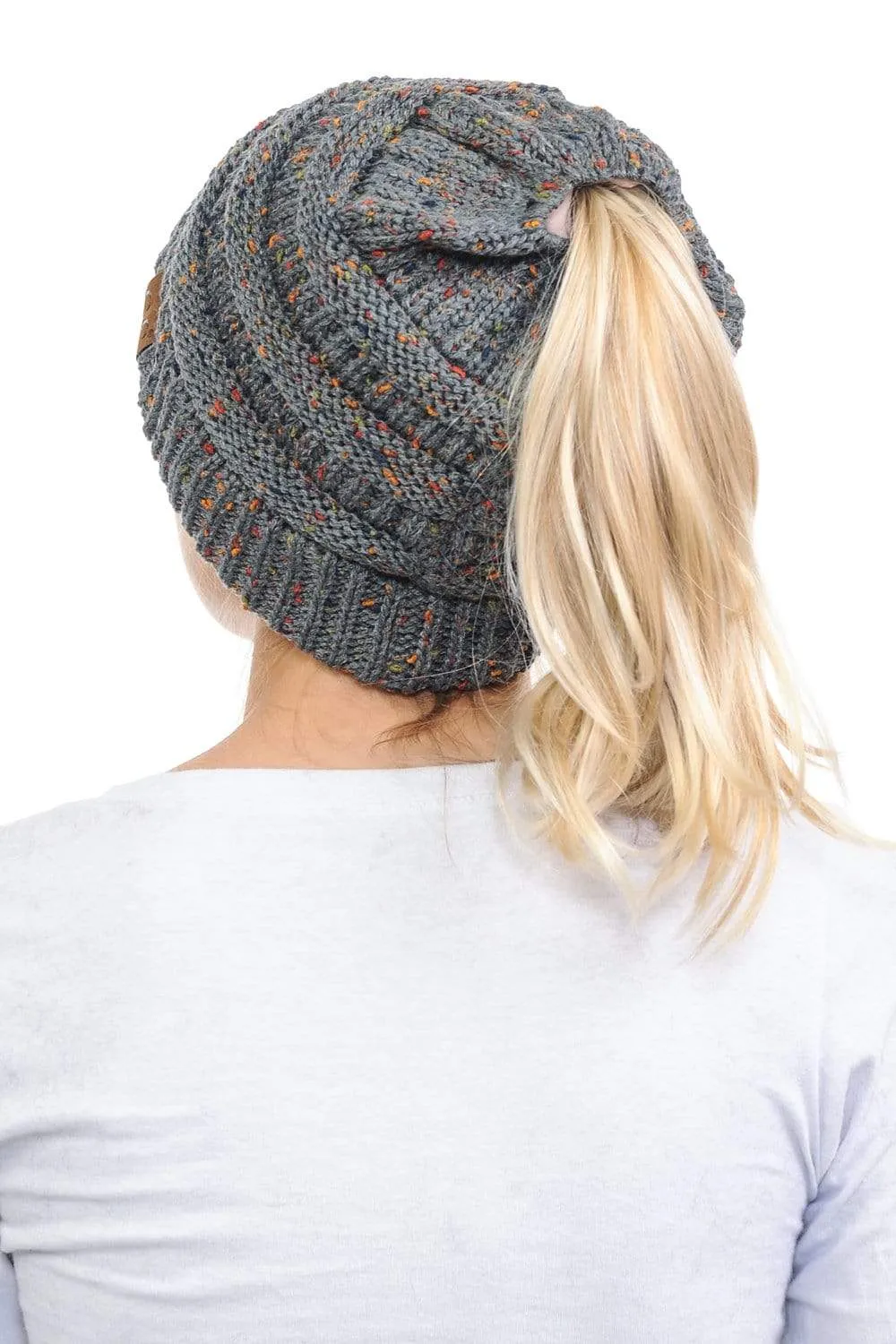 C.C MB33 - Soft Stretch Cable Knit Warm Hat High Bun Ponytail Confetti Beanie