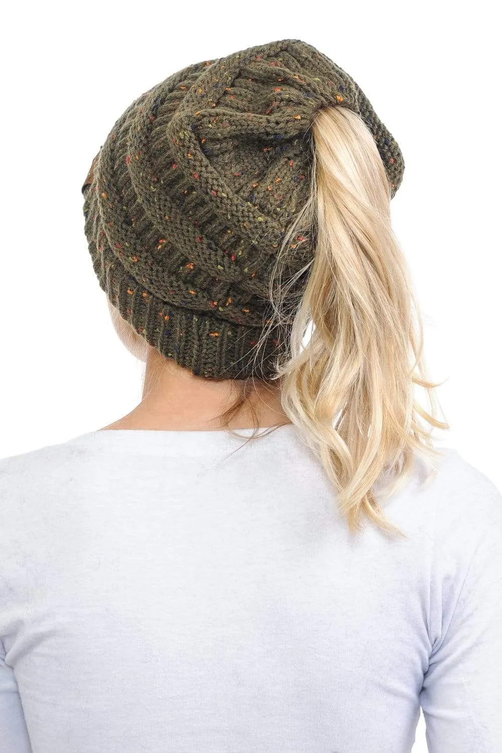 C.C MB33 - Soft Stretch Cable Knit Warm Hat High Bun Ponytail Confetti Beanie