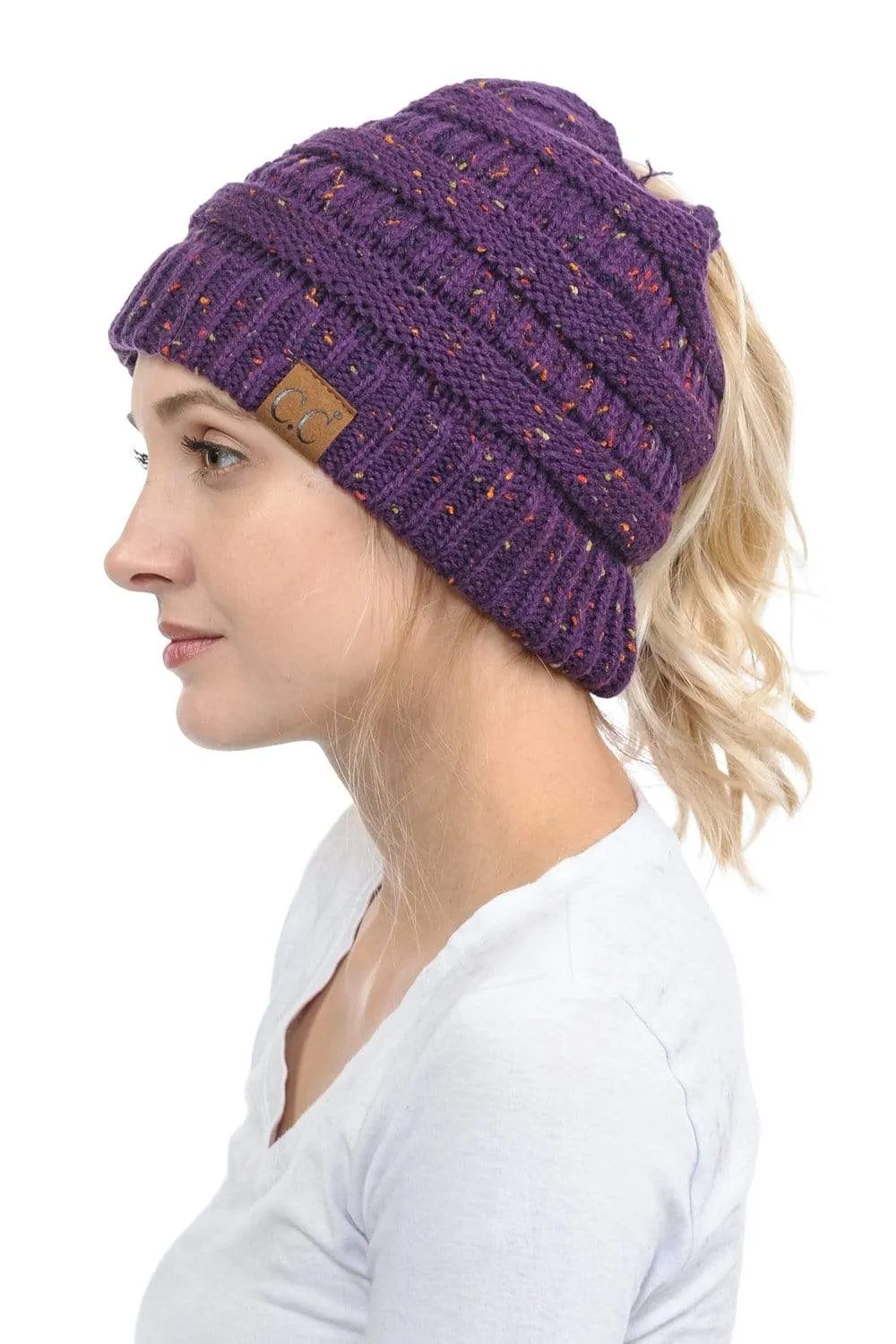 C.C MB33 - Soft Stretch Cable Knit Warm Hat High Bun Ponytail Confetti Beanie