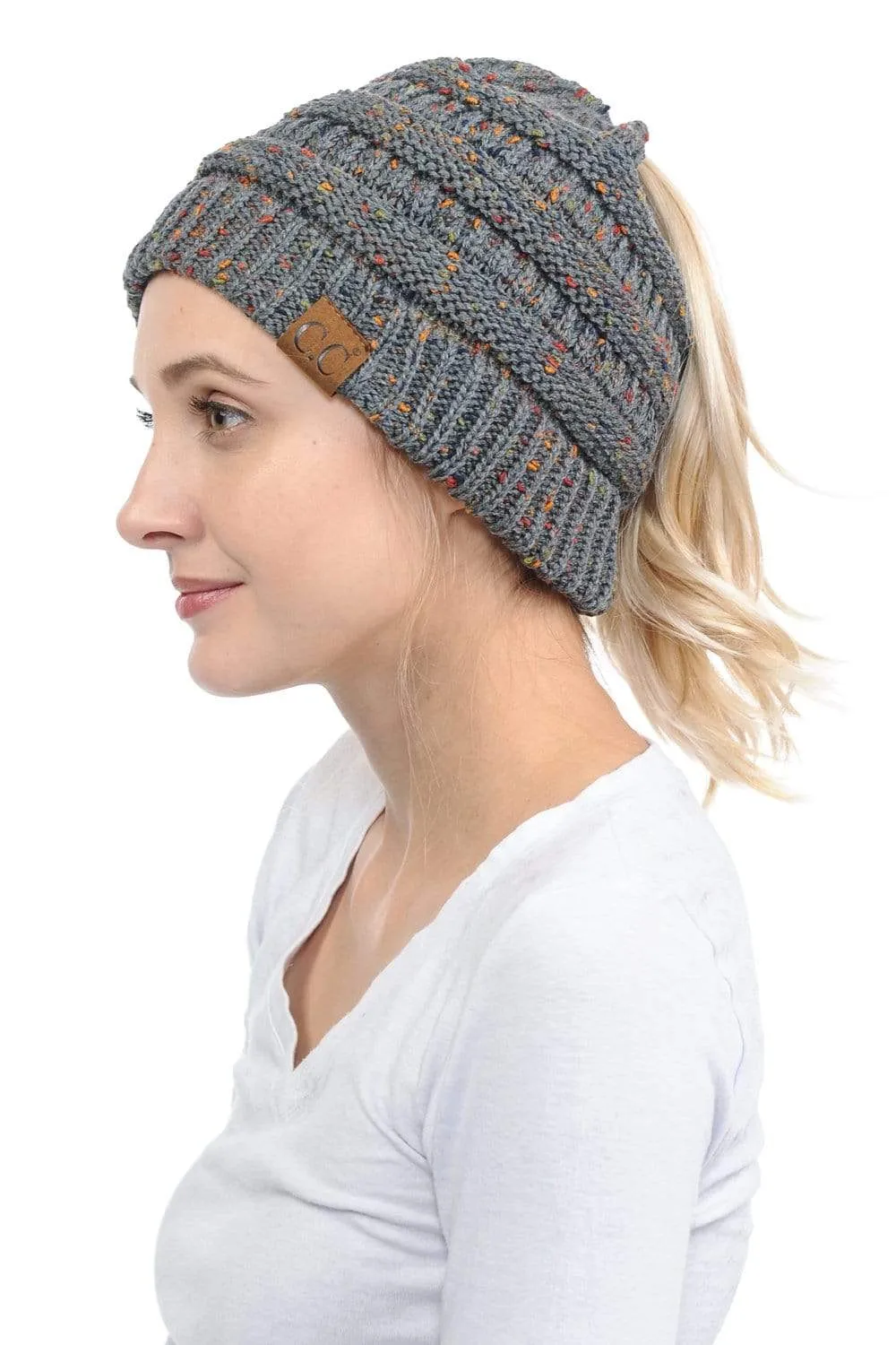 C.C MB33 - Soft Stretch Cable Knit Warm Hat High Bun Ponytail Confetti Beanie