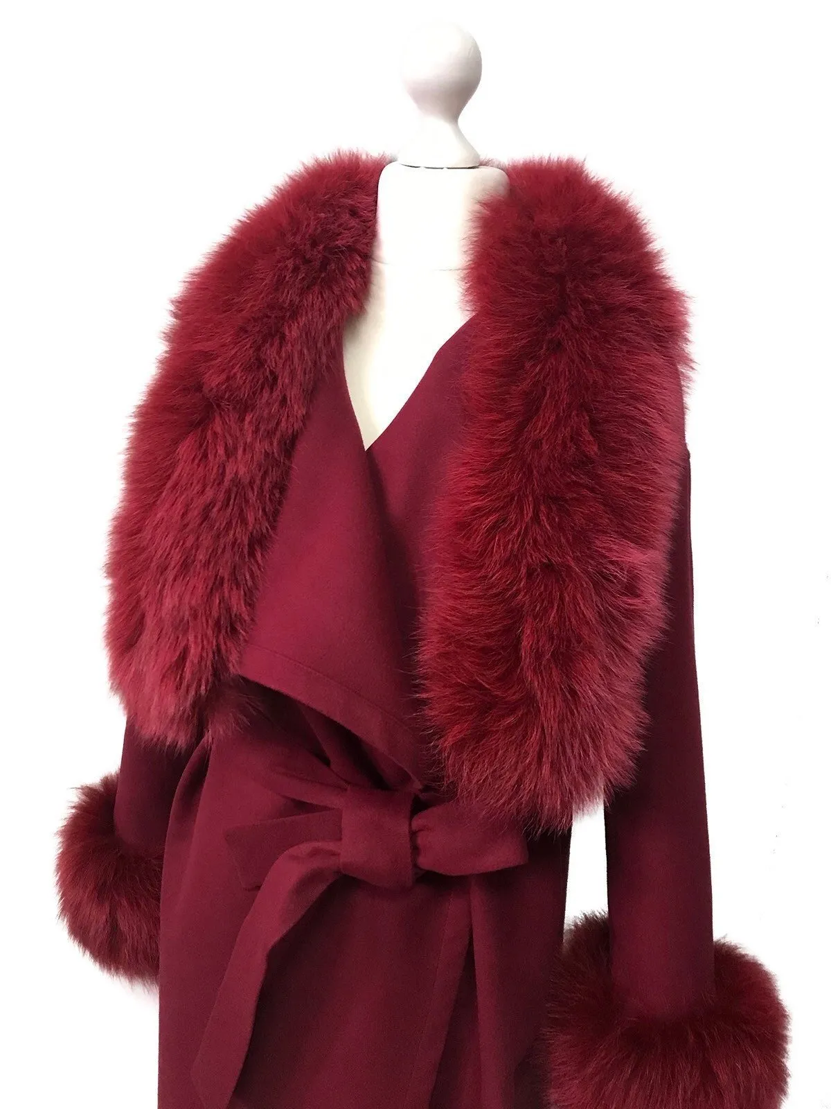 Cherry Wrap Elegant Women coat, Long Belted Feminine Overcoat Trim Fox Fur, Woolen blend Coat Wrap