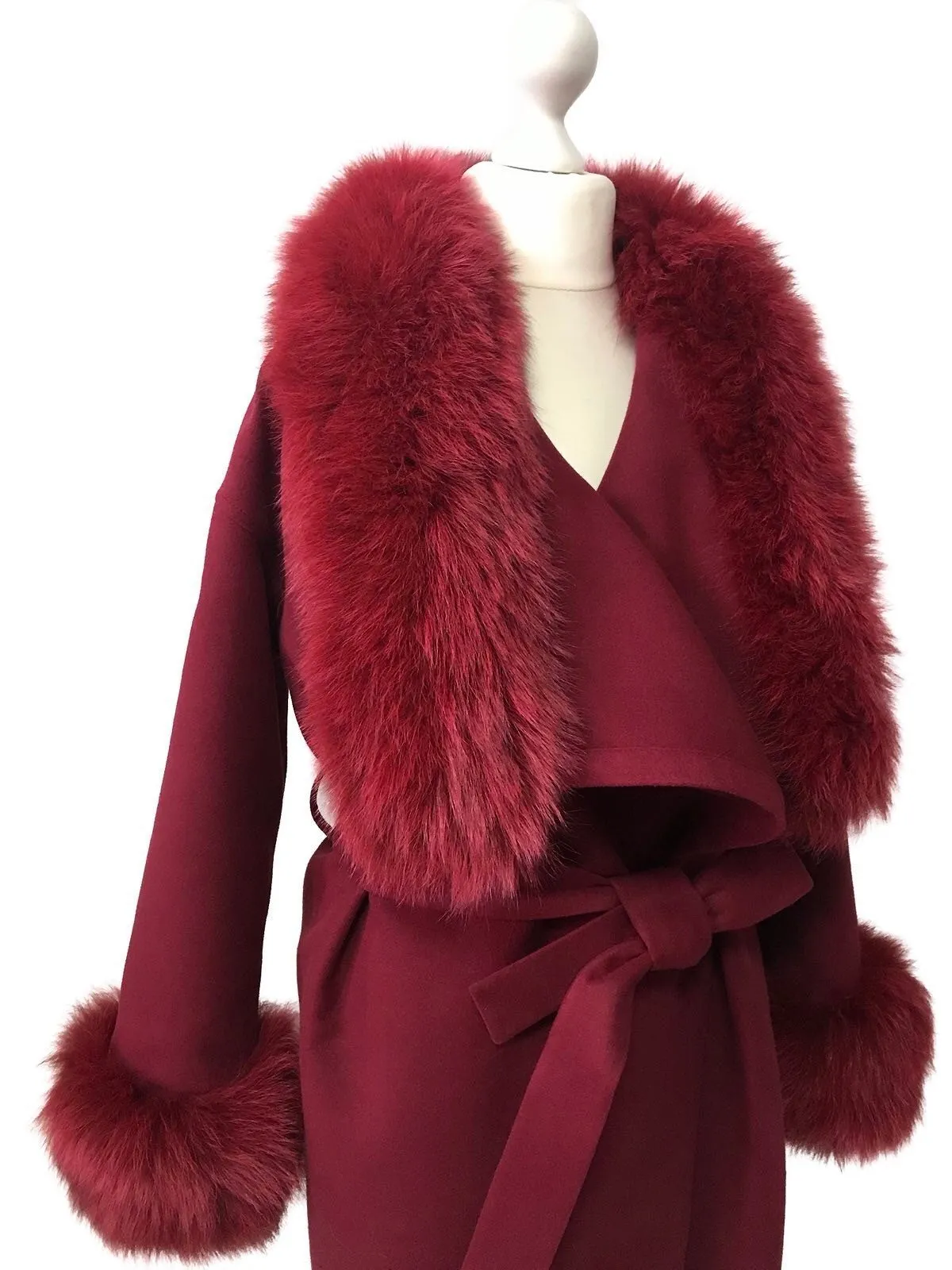 Cherry Wrap Elegant Women coat, Long Belted Feminine Overcoat Trim Fox Fur, Woolen blend Coat Wrap