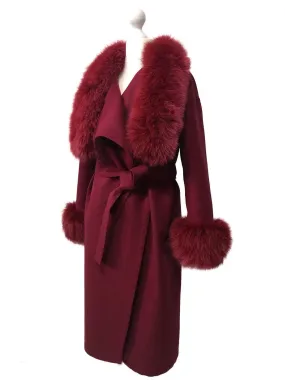 Cherry Wrap Elegant Women coat, Long Belted Feminine Overcoat Trim Fox Fur, Woolen blend Coat Wrap
