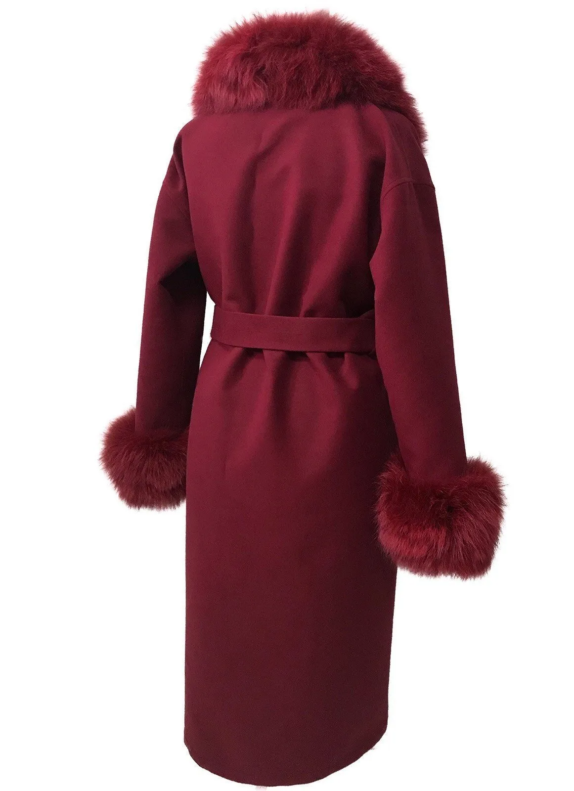 Cherry Wrap Elegant Women coat, Long Belted Feminine Overcoat Trim Fox Fur, Woolen blend Coat Wrap