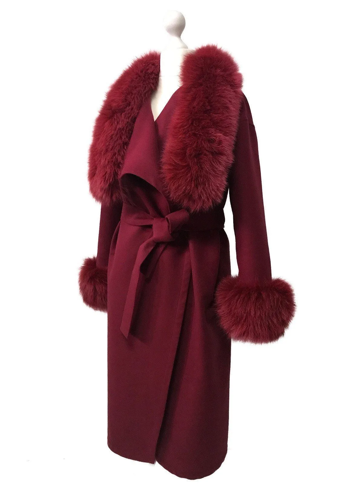Cherry Wrap Elegant Women coat, Long Belted Feminine Overcoat Trim Fox Fur, Woolen blend Coat Wrap