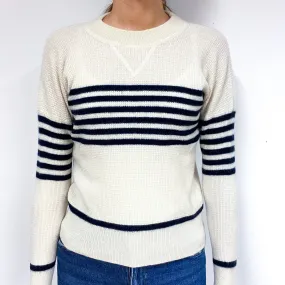 Cream Stripe Cashmere Waffle Crew Neck Jumper Extra Small