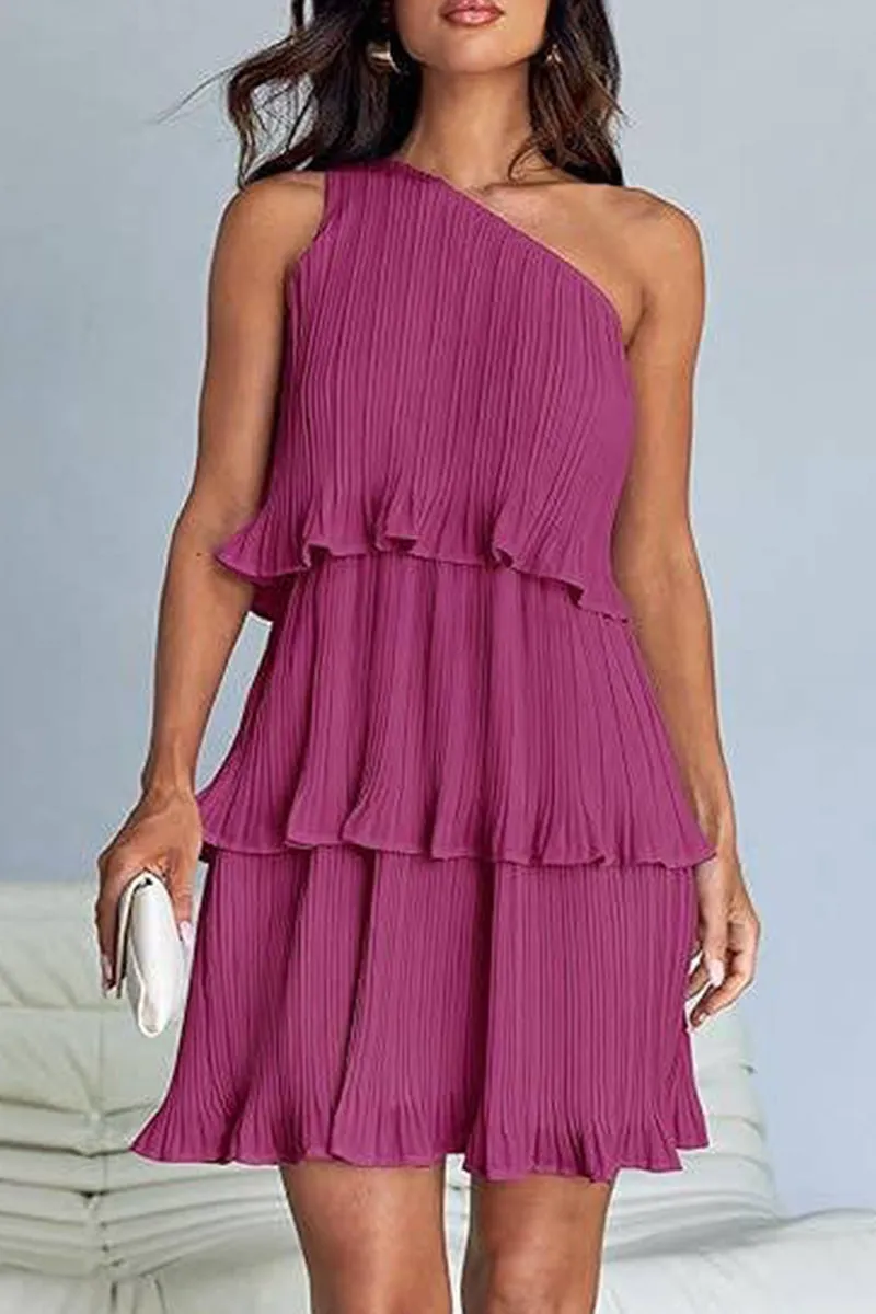 DIAGONAL SHOULDER TIERED PATCHWORK DRESS_CWDSD3999