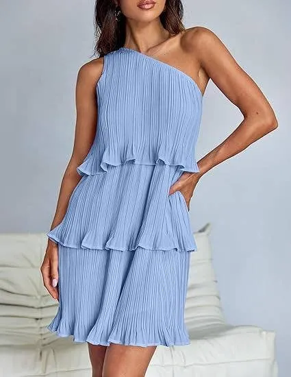 DIAGONAL SHOULDER TIERED PATCHWORK DRESS_CWDSD3999