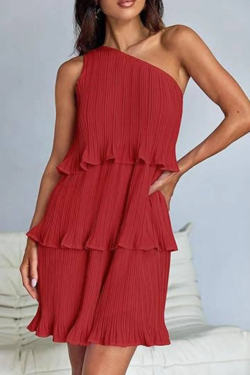 DIAGONAL SHOULDER TIERED PATCHWORK DRESS_CWDSD3999