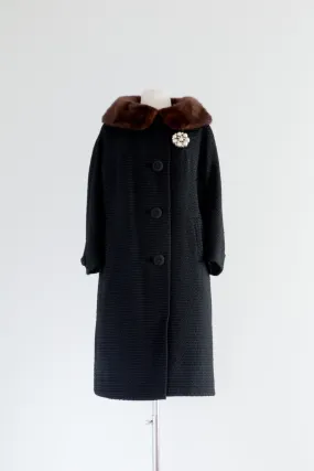 Elegant Early 1960's Woven Wool Cocoon Coat With Mink Collar / Med