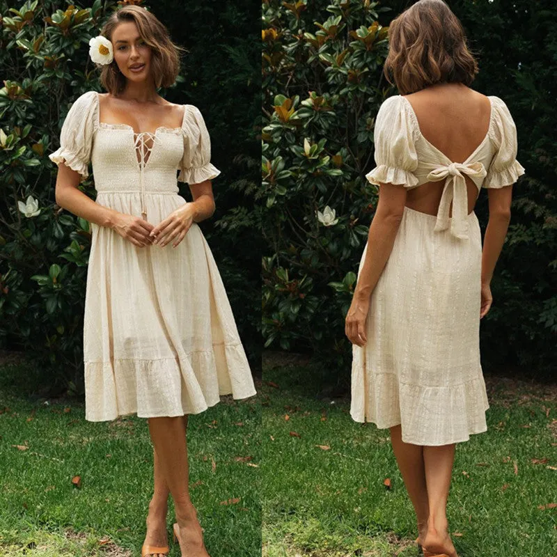 Fashion Tie Back Ruffle Sleeve Midi Dress