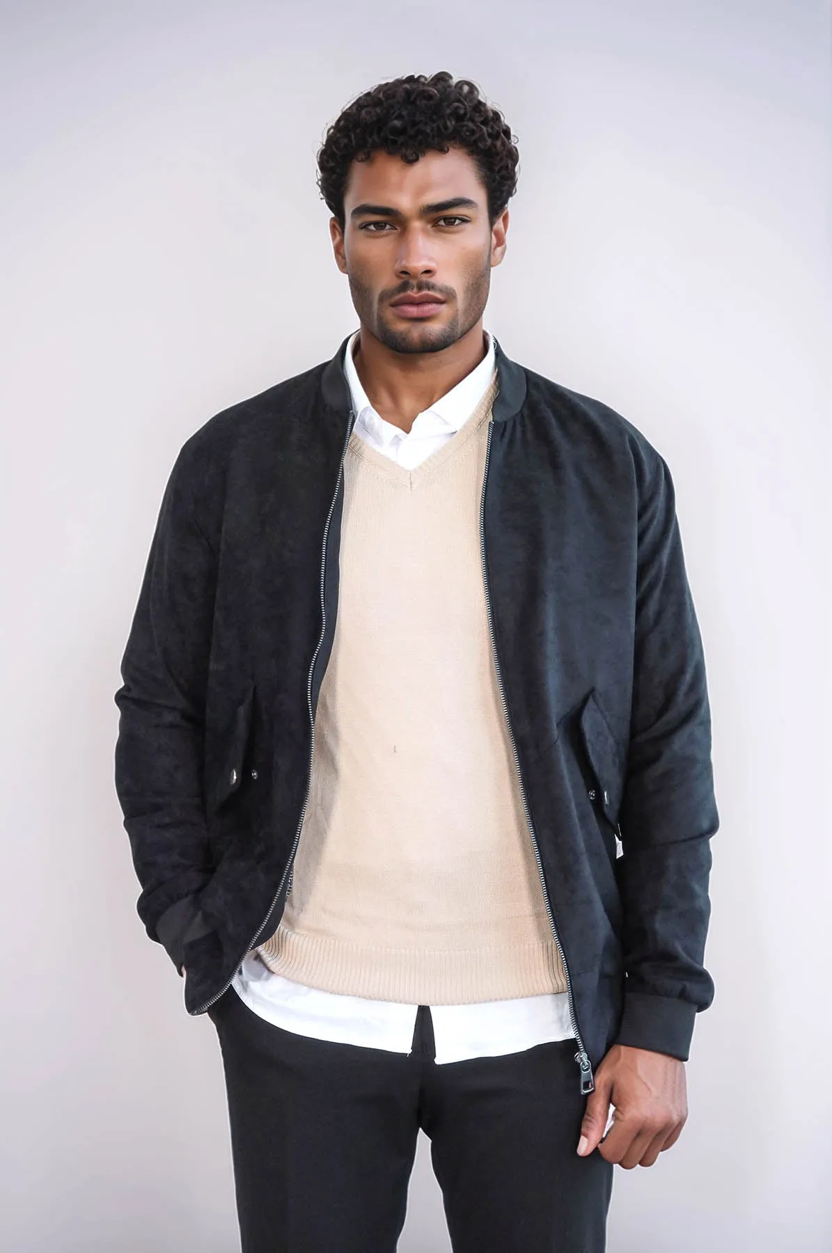 Flap Pockets Suede Black Men Bomber Coat - Wessi