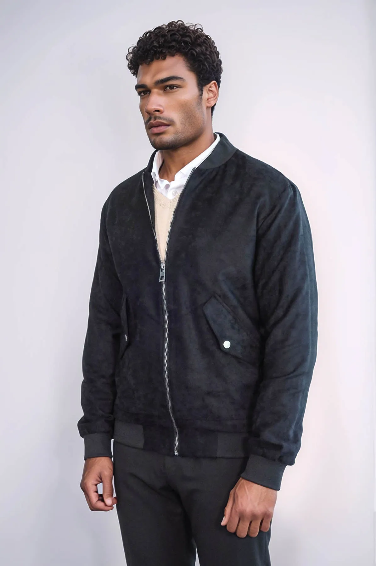 Flap Pockets Suede Black Men Bomber Coat - Wessi