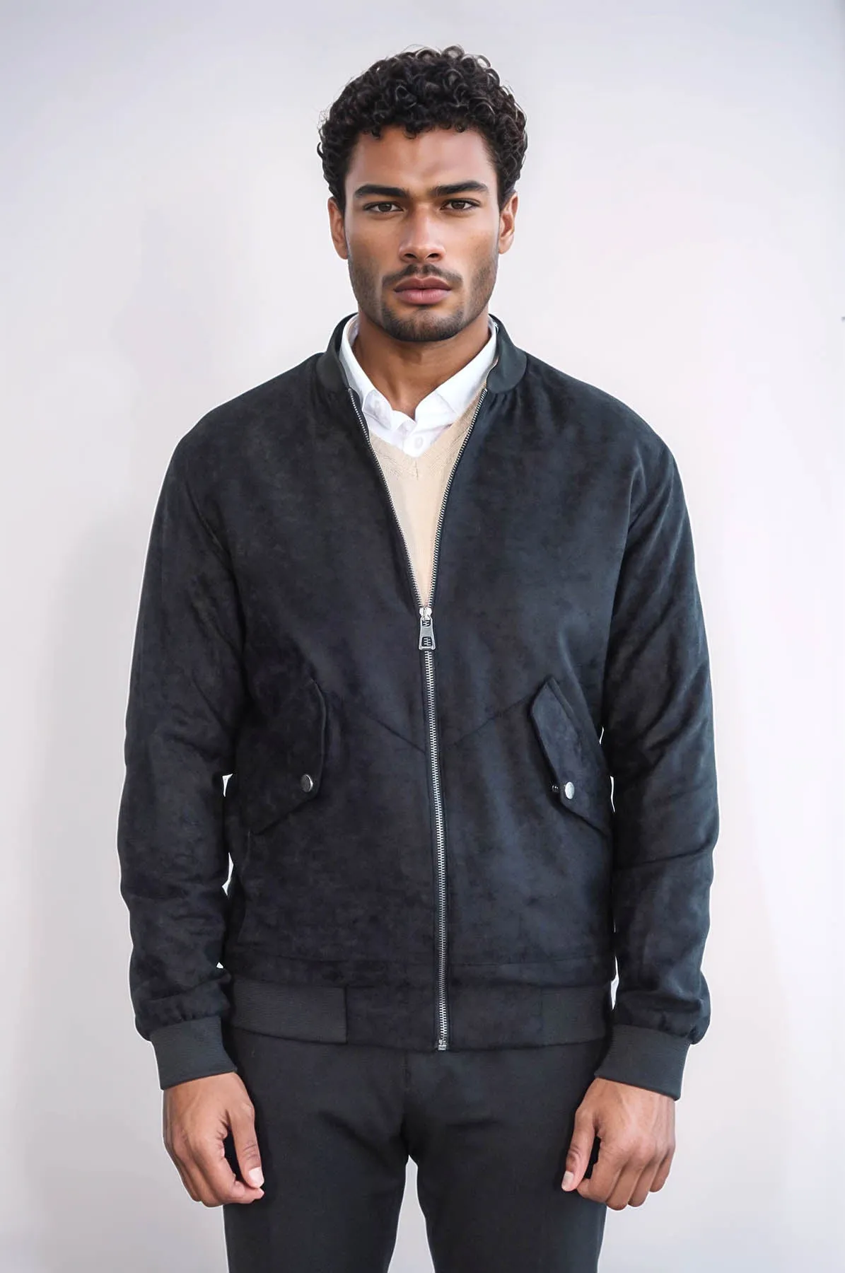 Flap Pockets Suede Black Men Bomber Coat - Wessi