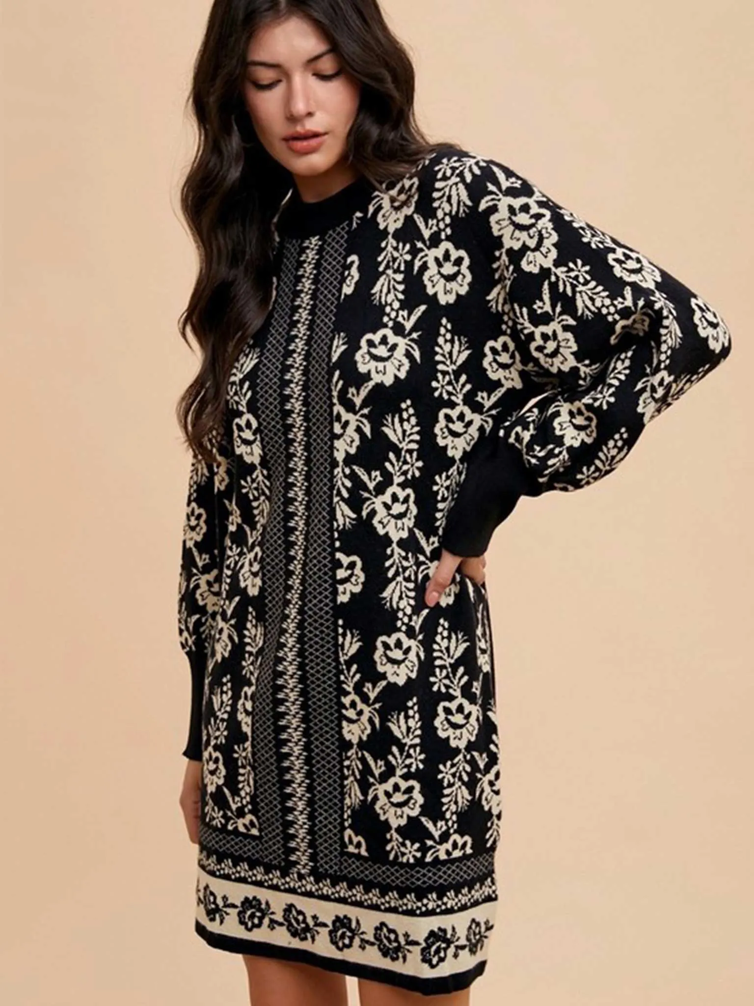 Floral Jacquard Black Sweater Dress