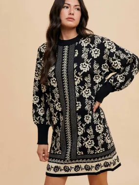 Floral Jacquard Black Sweater Dress