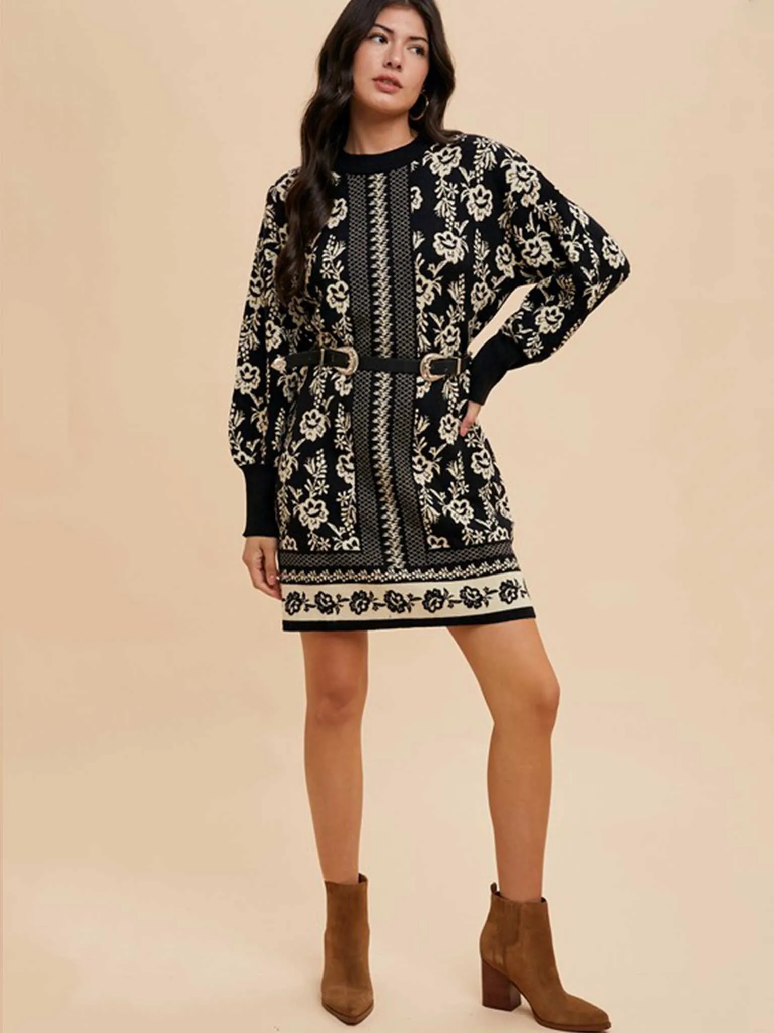 Floral Jacquard Black Sweater Dress