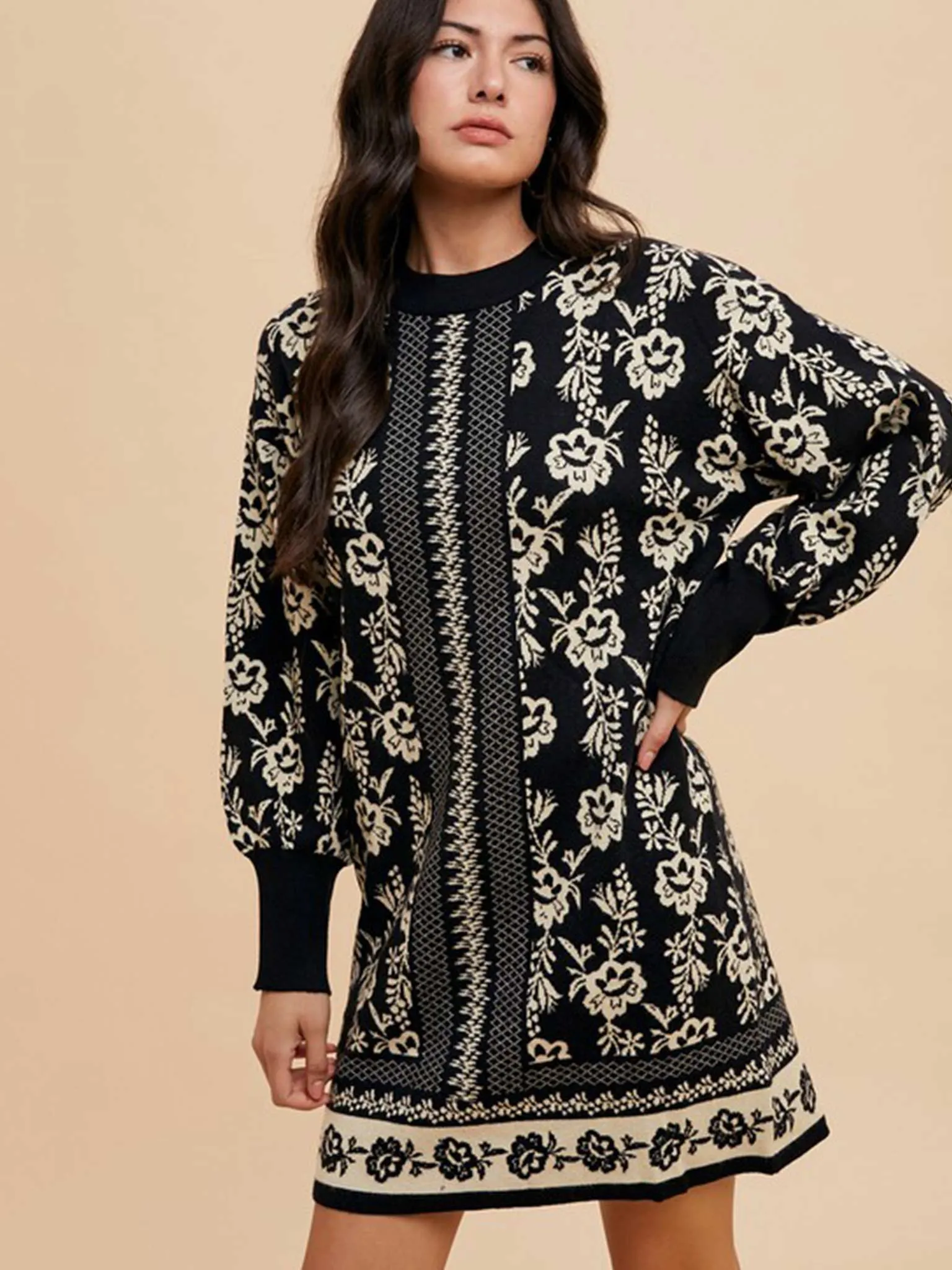 Floral Jacquard Black Sweater Dress