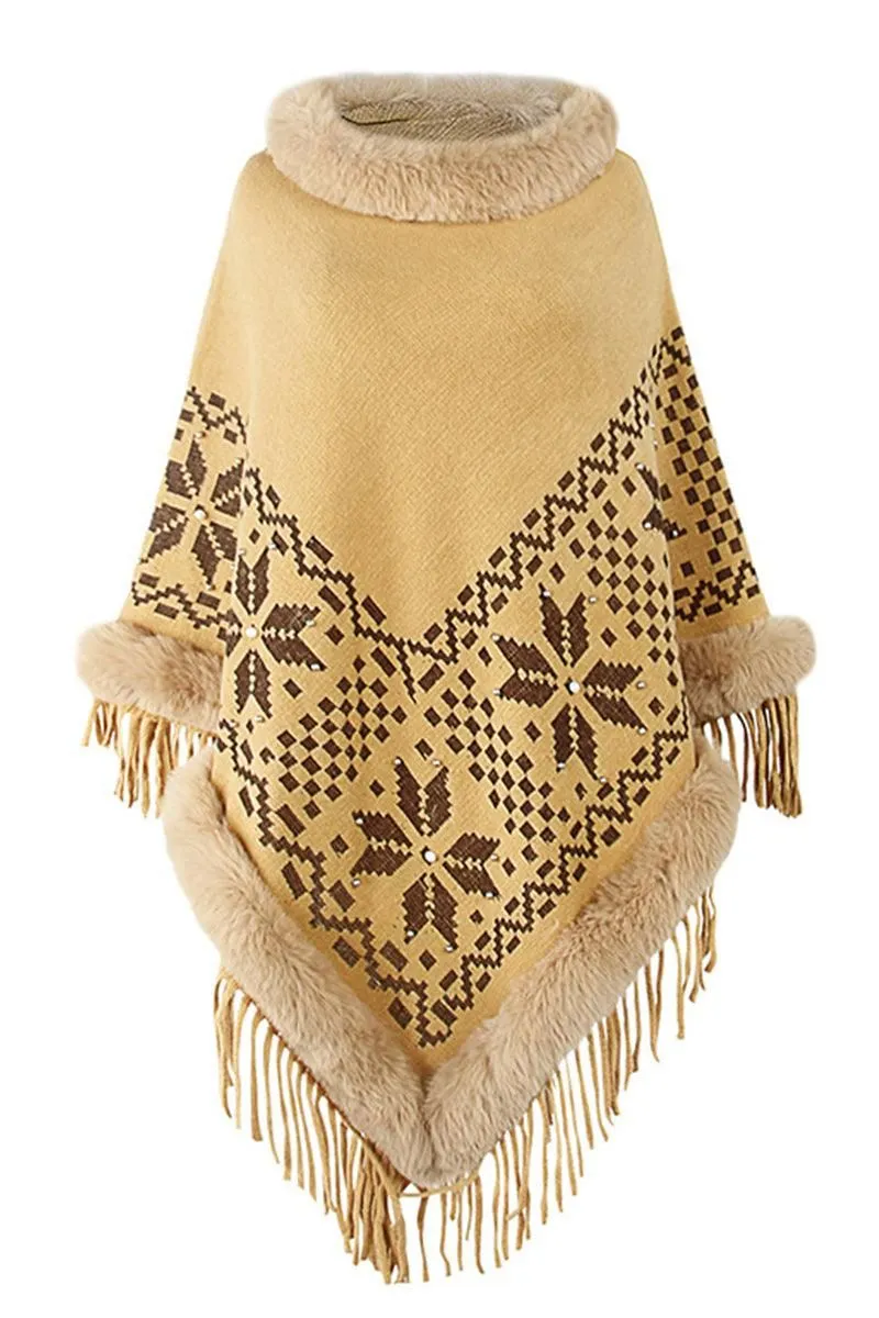 FUR COLLAR BEADED TASSEL HEM SWEATER SHAWL