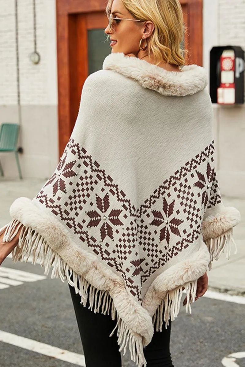FUR COLLAR BEADED TASSEL HEM SWEATER SHAWL