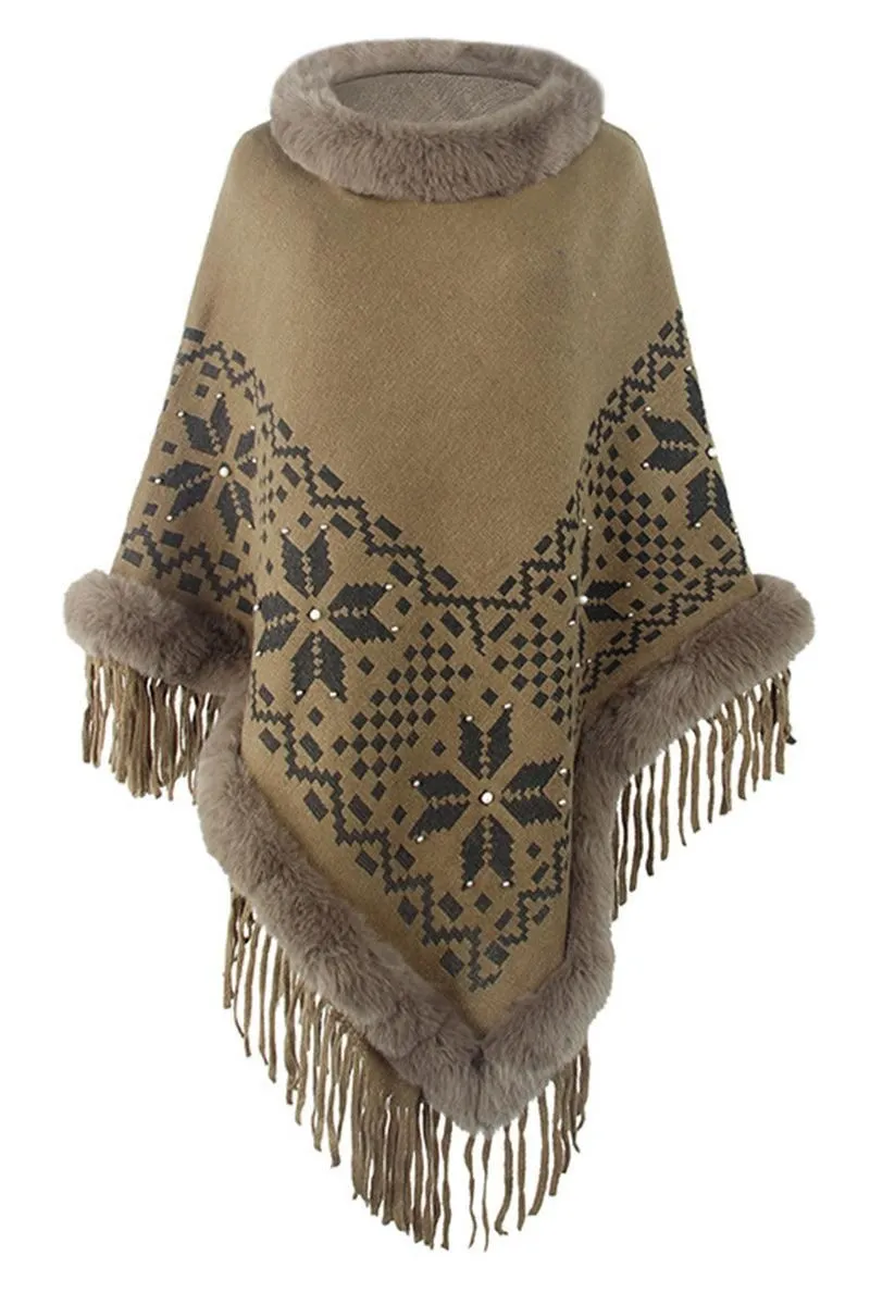 FUR COLLAR BEADED TASSEL HEM SWEATER SHAWL