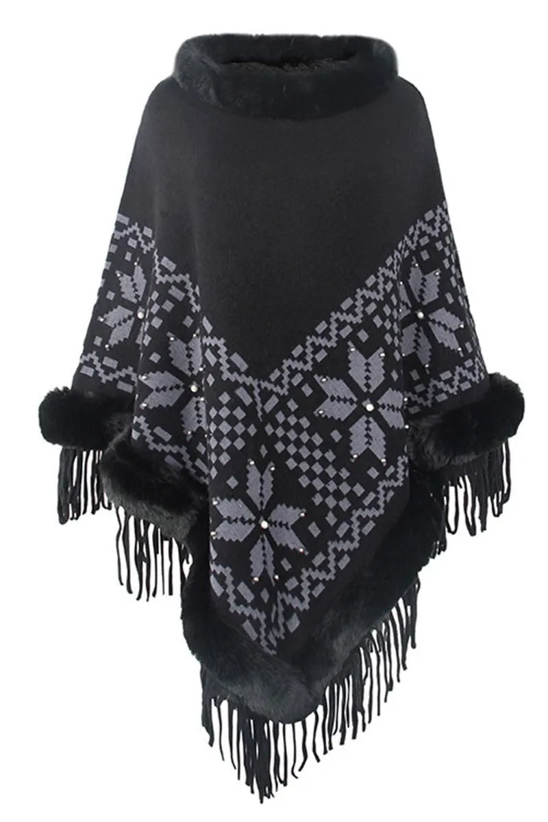 FUR COLLAR BEADED TASSEL HEM SWEATER SHAWL