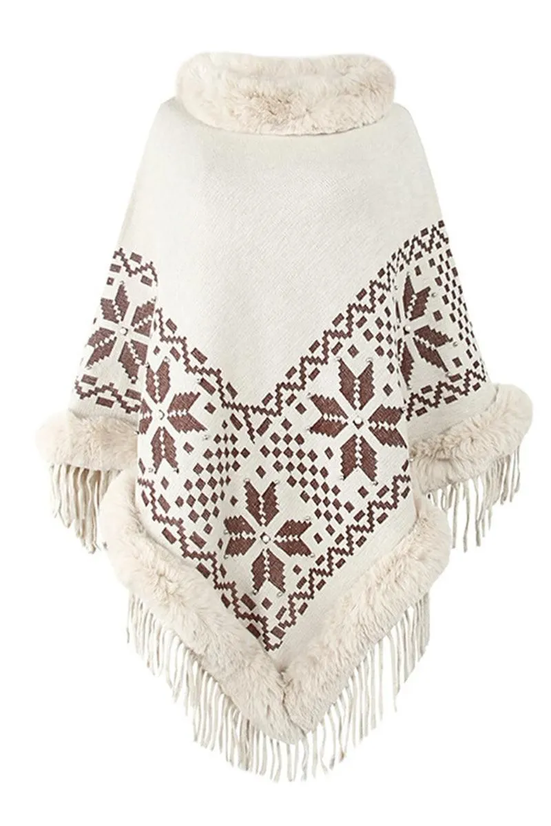 FUR COLLAR BEADED TASSEL HEM SWEATER SHAWL