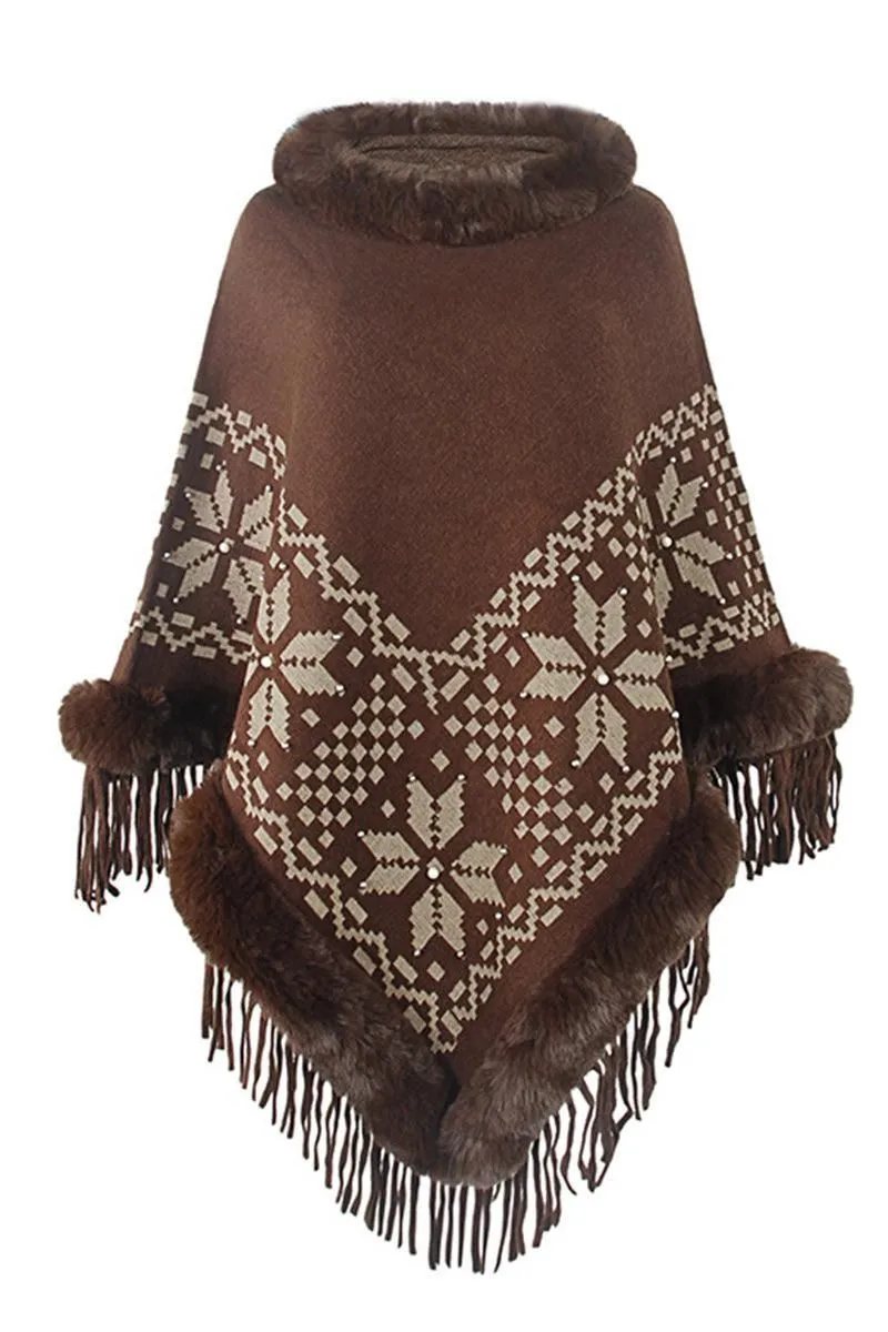 FUR COLLAR BEADED TASSEL HEM SWEATER SHAWL