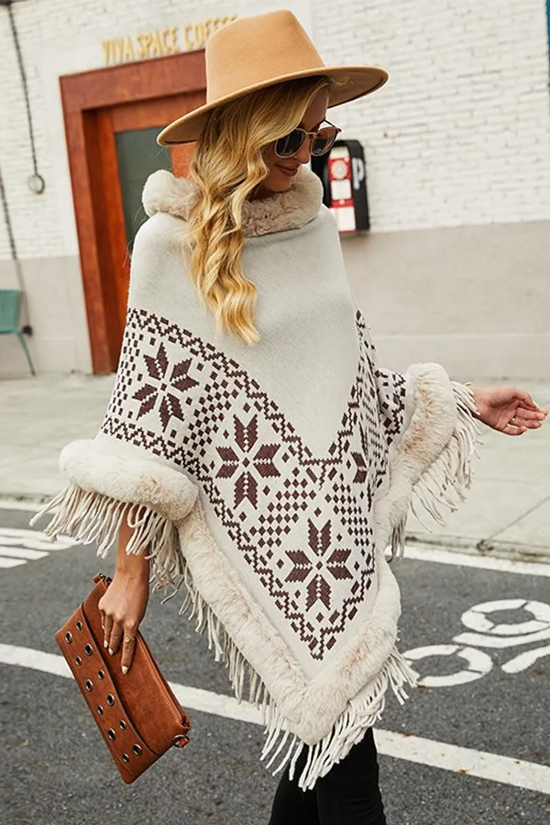 FUR COLLAR BEADED TASSEL HEM SWEATER SHAWL