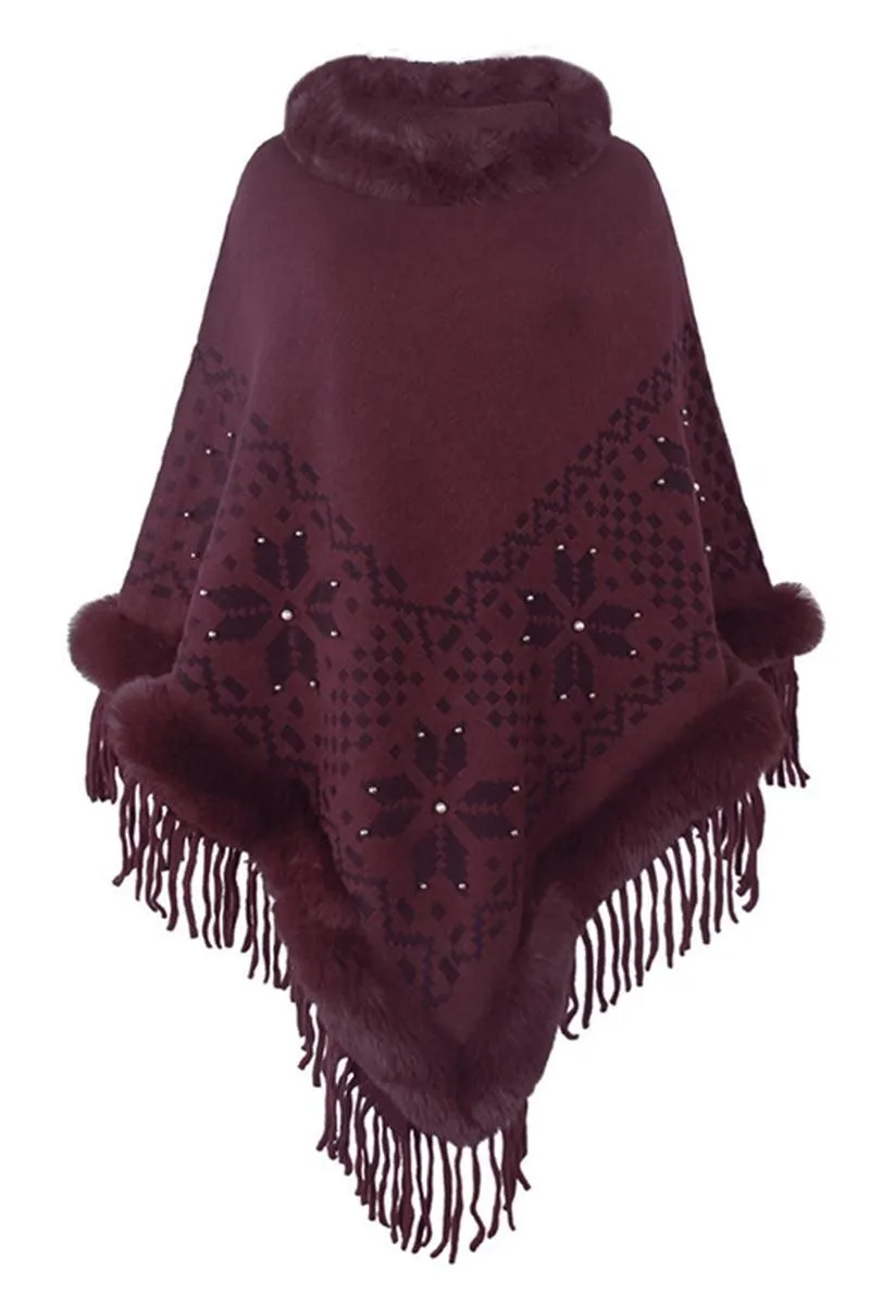 FUR COLLAR BEADED TASSEL HEM SWEATER SHAWL