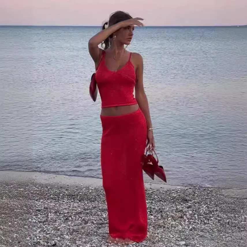 Girlary-shop calico hair Suit Skirt Sequined Suspender Suit Long Skirt