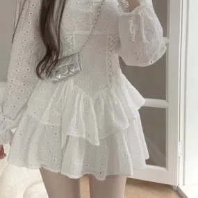 Girlary-shop divine being dress to impress Dress Women's French Style White V-neck Cake Skirt 2024 Autumn New Waist-Tight Temperament Small Skirt