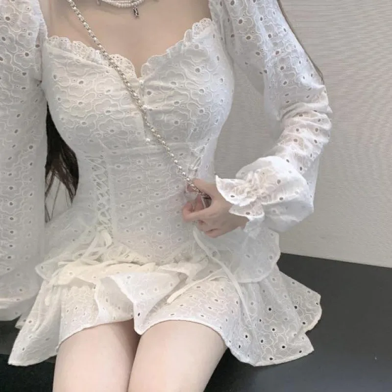 Girlary-shop divine being dress to impress Dress Women's French Style White V-neck Cake Skirt 2024 Autumn New Waist-Tight Temperament Small Skirt