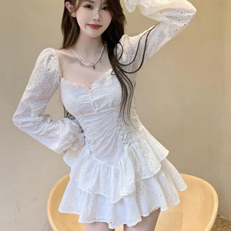 Girlary-shop divine being dress to impress Dress Women's French Style White V-neck Cake Skirt 2024 Autumn New Waist-Tight Temperament Small Skirt