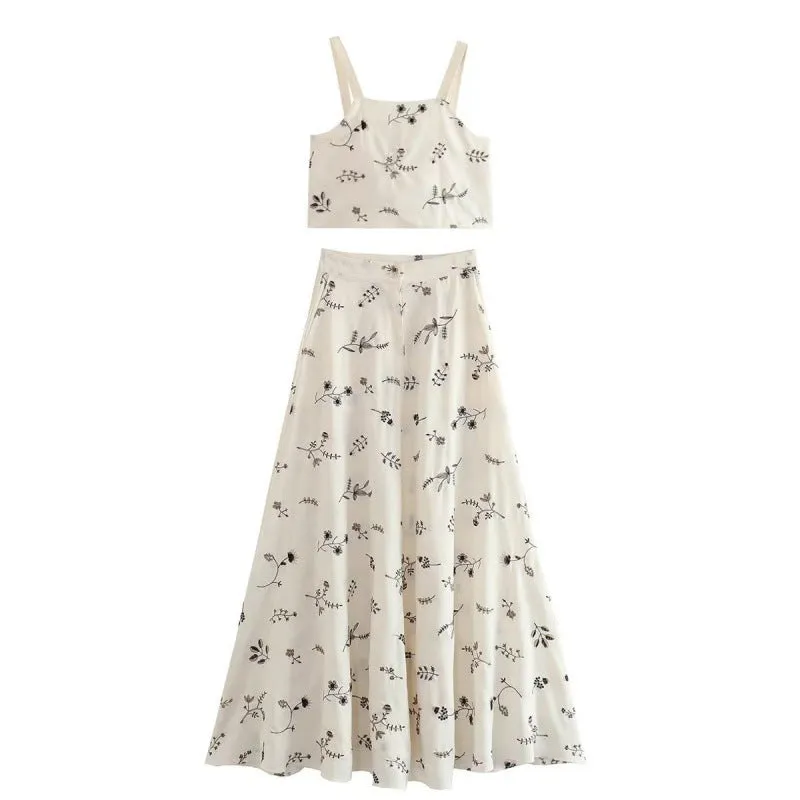 Girlary-shop going out outfits Summer New Blogger Small Flower Embroidered Strap High Waist Skirt Long Skirt Suit