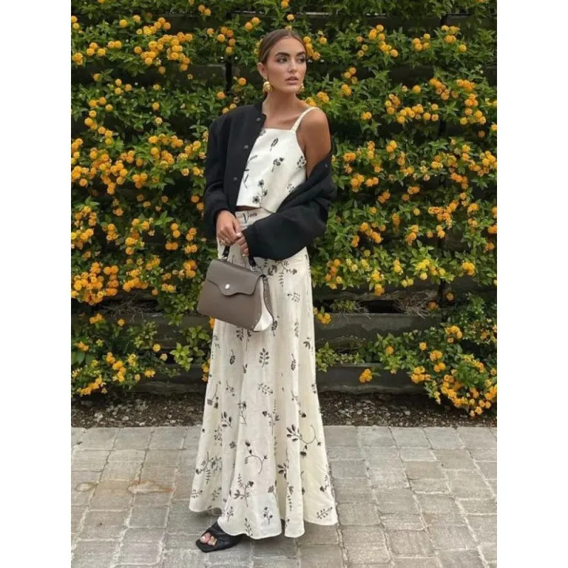 Girlary-shop going out outfits Summer New Blogger Small Flower Embroidered Strap High Waist Skirt Long Skirt Suit