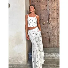 Girlary-shop going out outfits Summer New Blogger Small Flower Embroidered Strap High Waist Skirt Long Skirt Suit