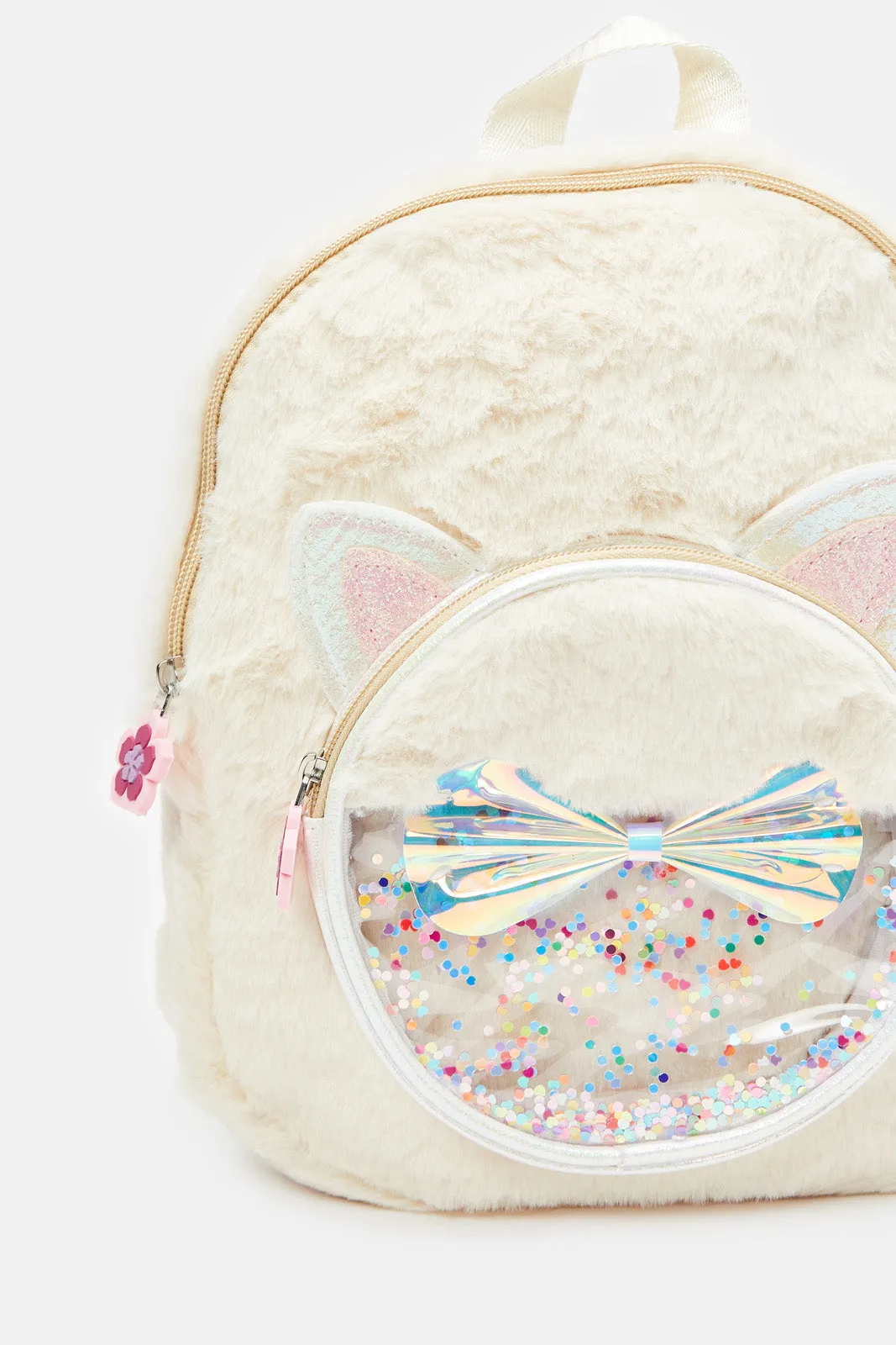 Girls Beige Faux Fur Backpack