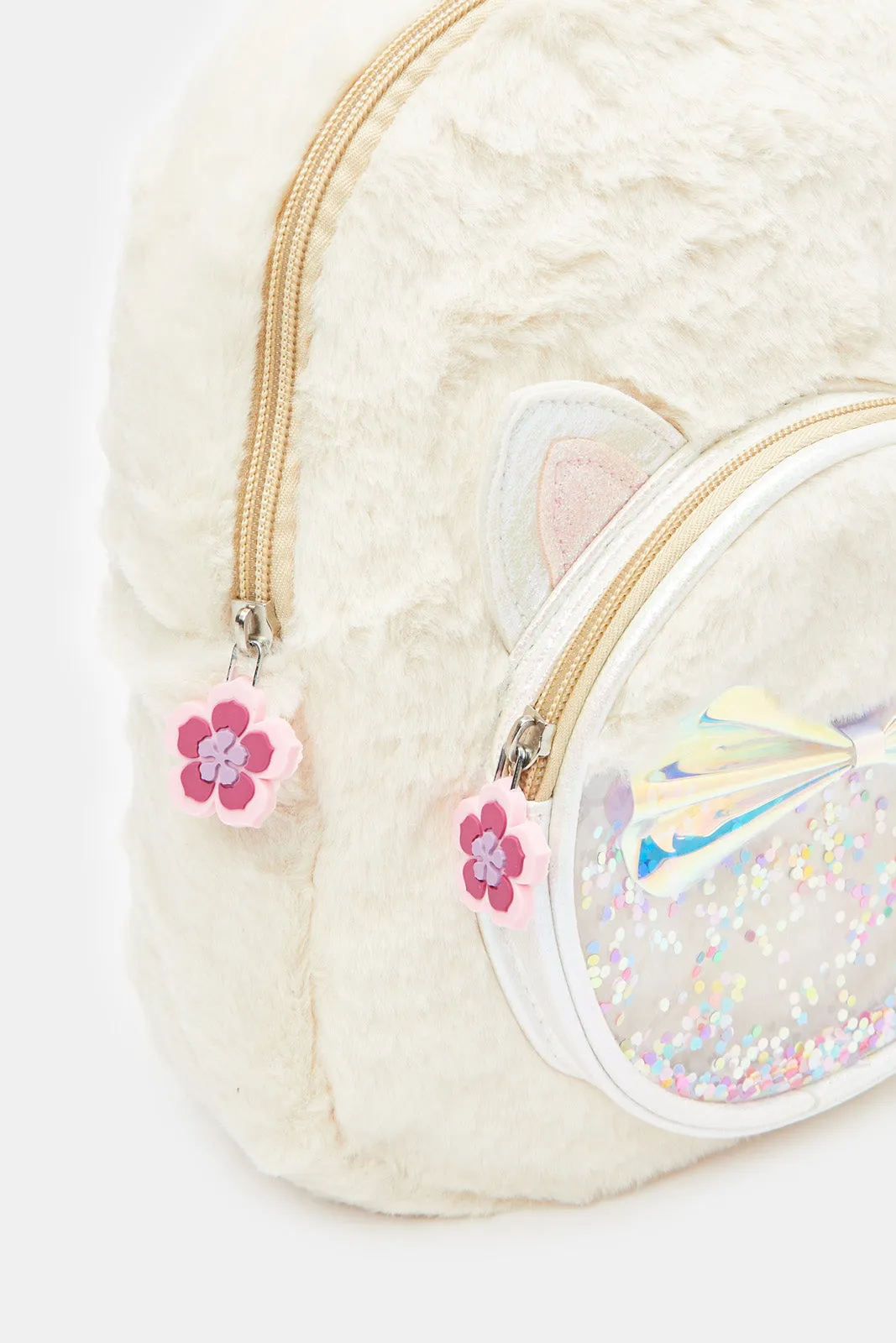 Girls Beige Faux Fur Backpack