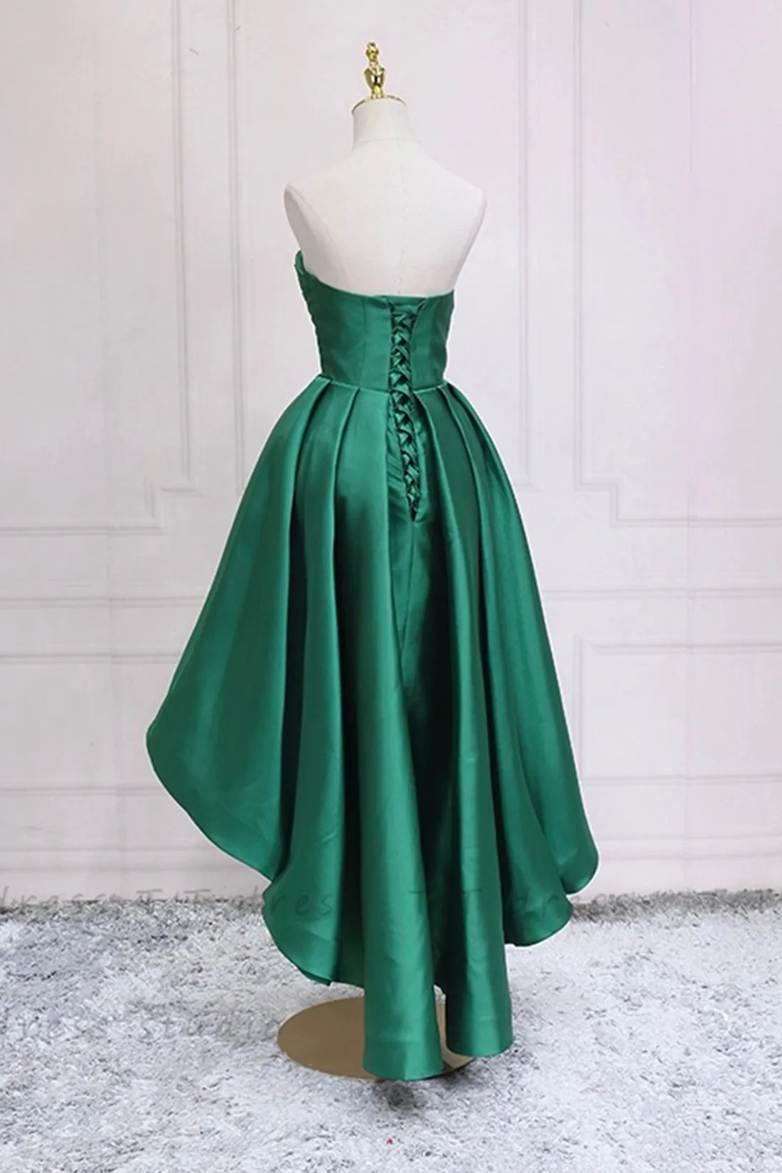 Green Satin High Low Party Dresses, Cute Strapless Green Homecoming Dresses
