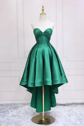 Green Satin High Low Party Dresses, Cute Strapless Green Homecoming Dresses