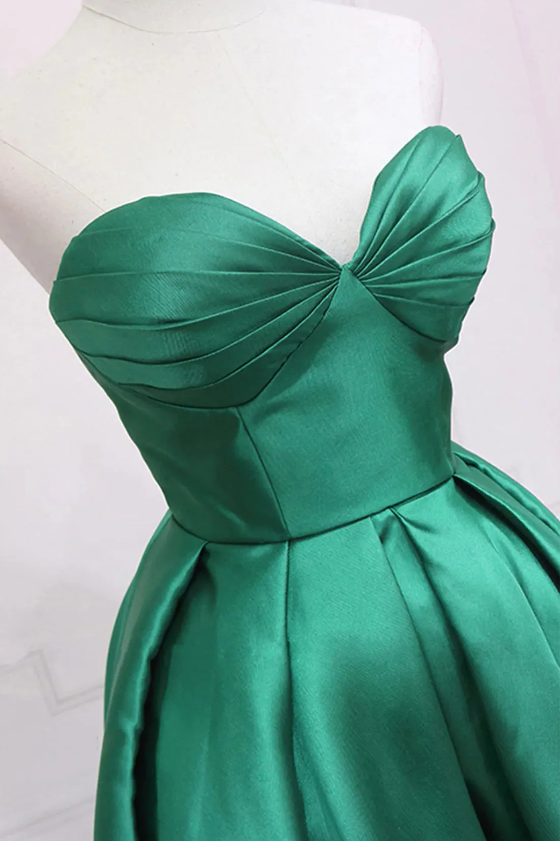 Green Satin High Low Party Dresses, Cute Strapless Green Homecoming Dresses