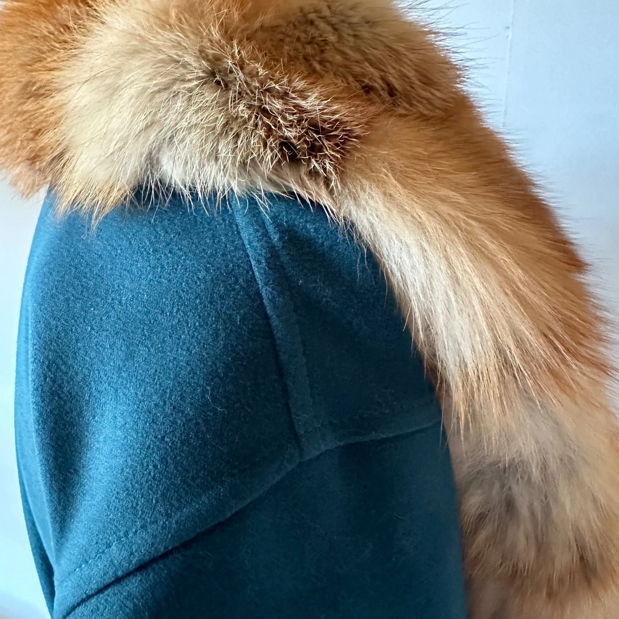 Green Wrap Elegant Women coat, Long Belted Feminine Overcoat Trim Fox Fur, Event  Woolen blend Coat Wrap