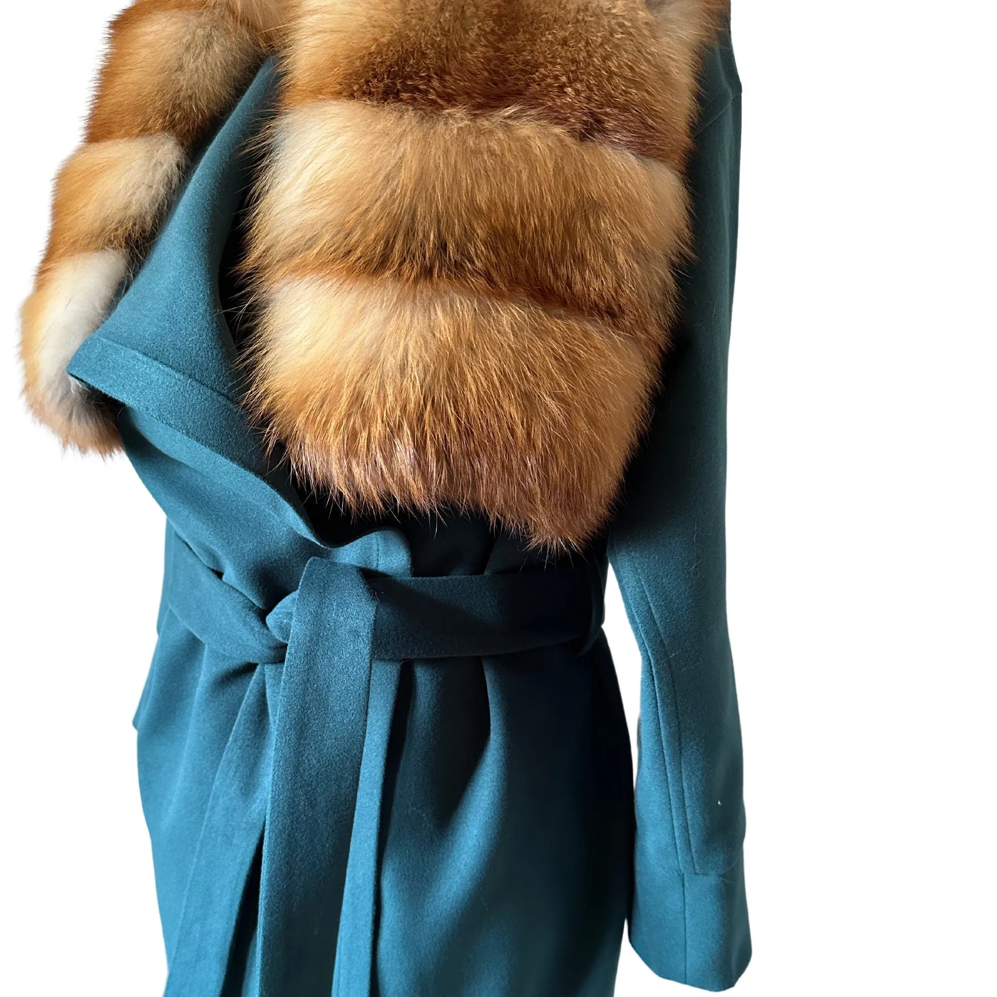 Green Wrap Elegant Women coat, Long Belted Feminine Overcoat Trim Fox Fur, Event  Woolen blend Coat Wrap