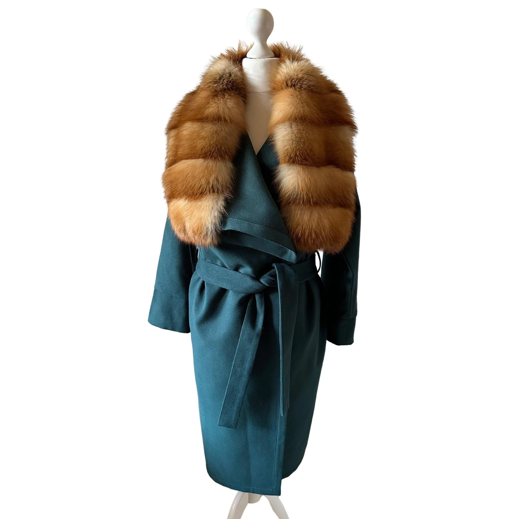 Green Wrap Elegant Women coat, Long Belted Feminine Overcoat Trim Fox Fur, Event  Woolen blend Coat Wrap