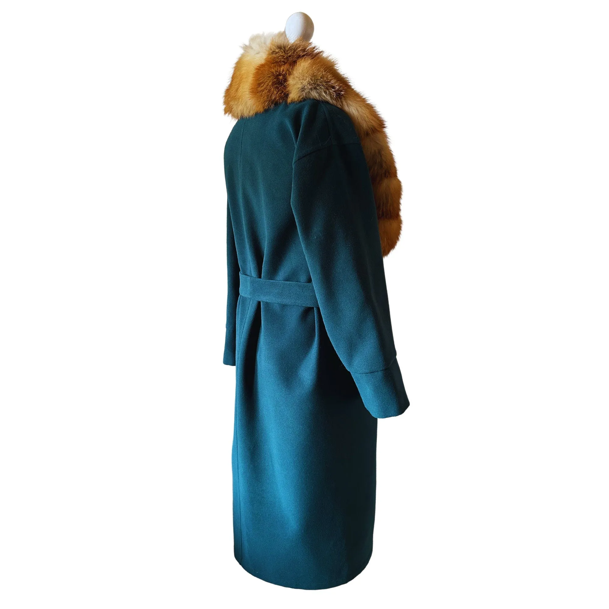 Green Wrap Elegant Women coat, Long Belted Feminine Overcoat Trim Fox Fur, Event  Woolen blend Coat Wrap